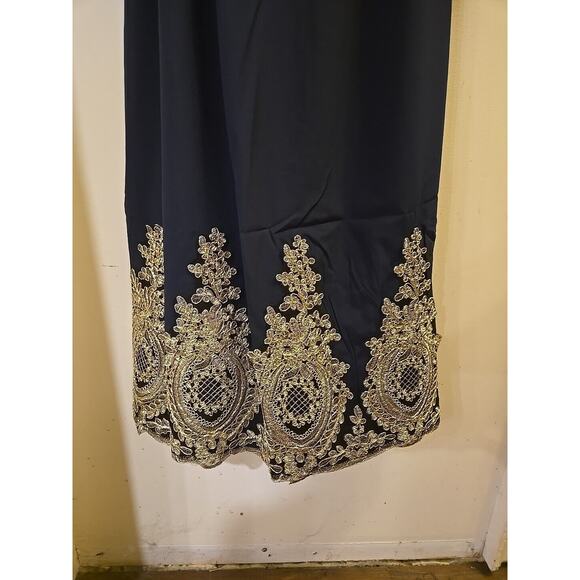 Abaya Gold Lace Embroidery Navy Blue Open Dress With Sash By Abetteric - Picture 5 of 5